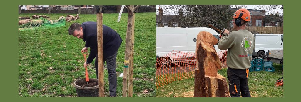 Photos of the Whitehorse Rec improvement works including tree planting and handcrafted wood carvings